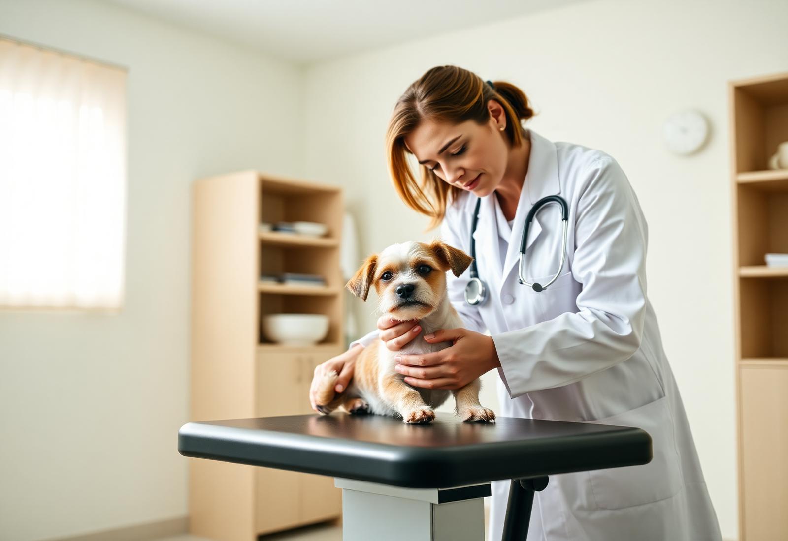 Veterinaras apžiūri šuniuką